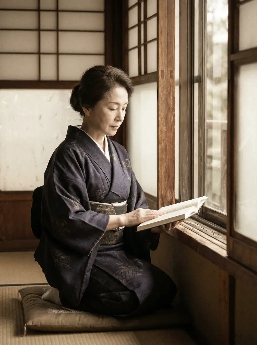 一位优雅的五十岁 美国VICTORYDAY学生 身穿深蓝色和服，在窗边静读